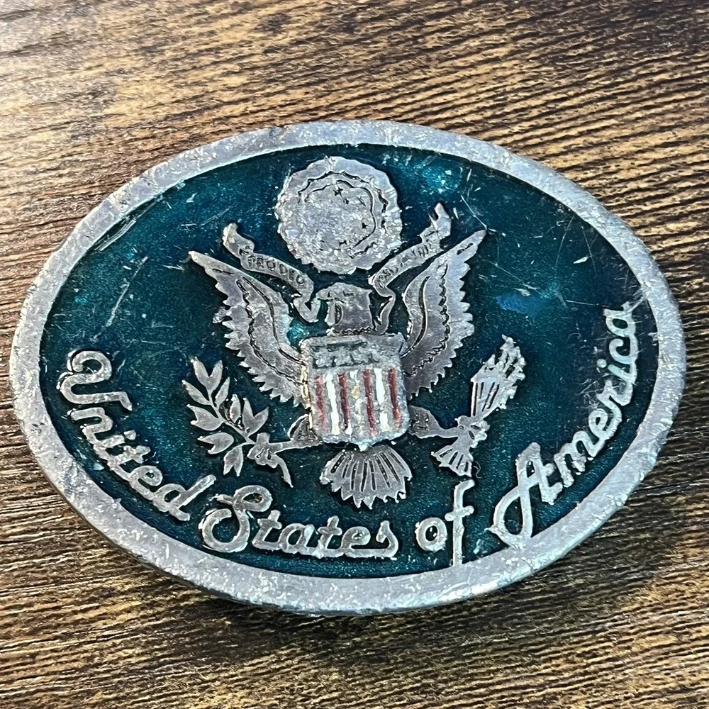 Vintage 1970s Instyle Buckles USA Patriotic Pewter Belt Buckle 2240